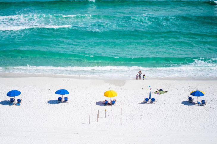 Blue and yellow umbrellas on seashore